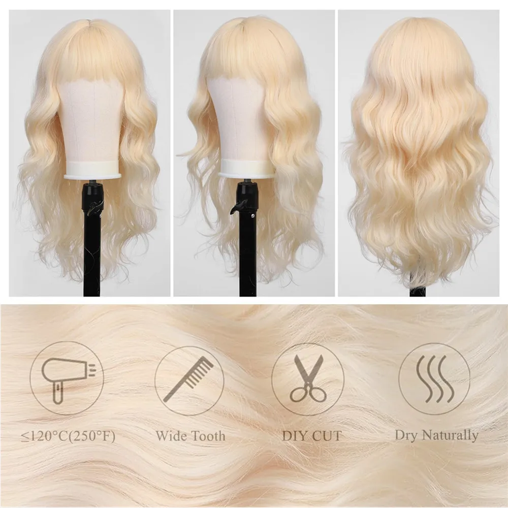 HENRY MARGU Long Wavy Blonde Synthetic Wigs for Women Platinum Daily Natural Hair Wigs With Bangs Heat Resistant Cosplay Wigs