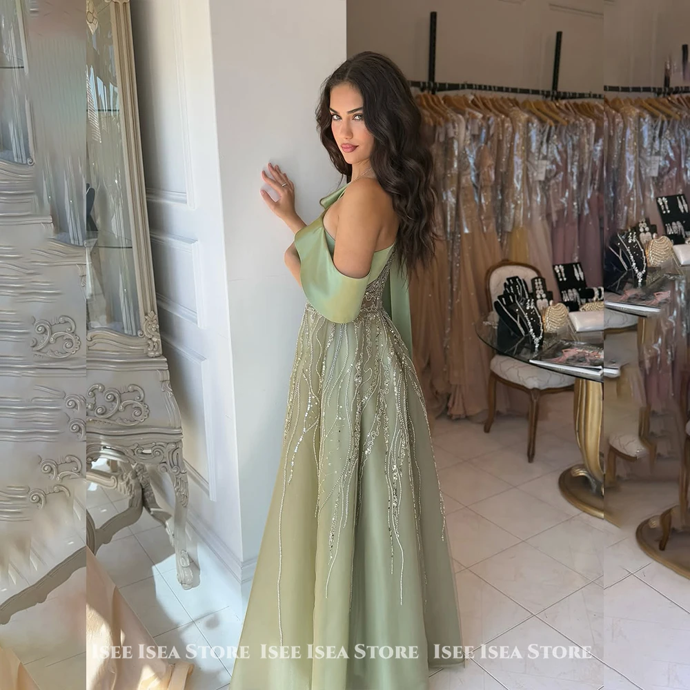 Vestido de noite verde sálvia 2025 - vestido de gala de baile de formatura com lantejoulas e lantejoulas de renda transparente com babados e um ombro personalizado