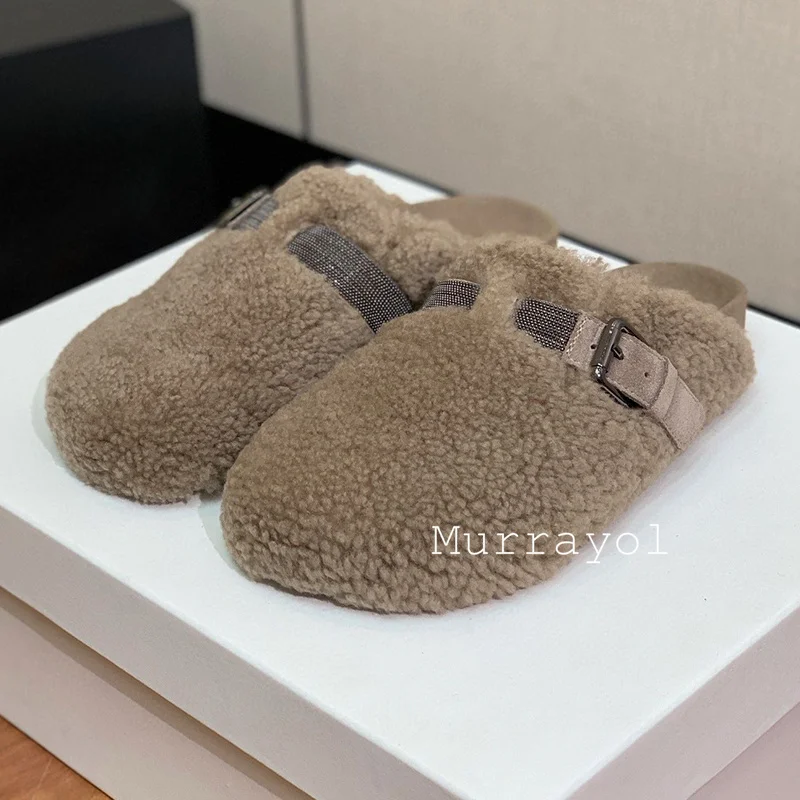 String Bead Decor Belt Buckle Design Slippers Women's Closed Toe Fur Solid Color Thick Bottom Mules Spring Outdoor Warm Shoes