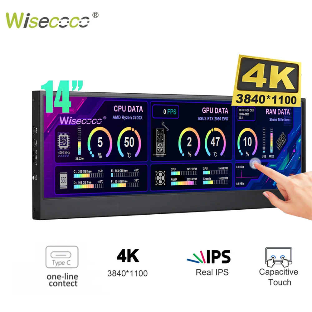 

Wisecoco 14 "4K 3840x1100 Монитор с сенсорным экраном IPS Вторичный панельный дисплей HDMI для ПК Ноутбук Телефон Aida64 Мониторинг процессора и графического процессора