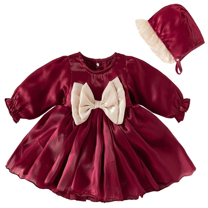 

Spring Fall Baby Girl First Birthday Dress Korean Cute Bow Long Sleeve Mesh Cotton Red Princess Dresses+Hat Newborn Items BC1633