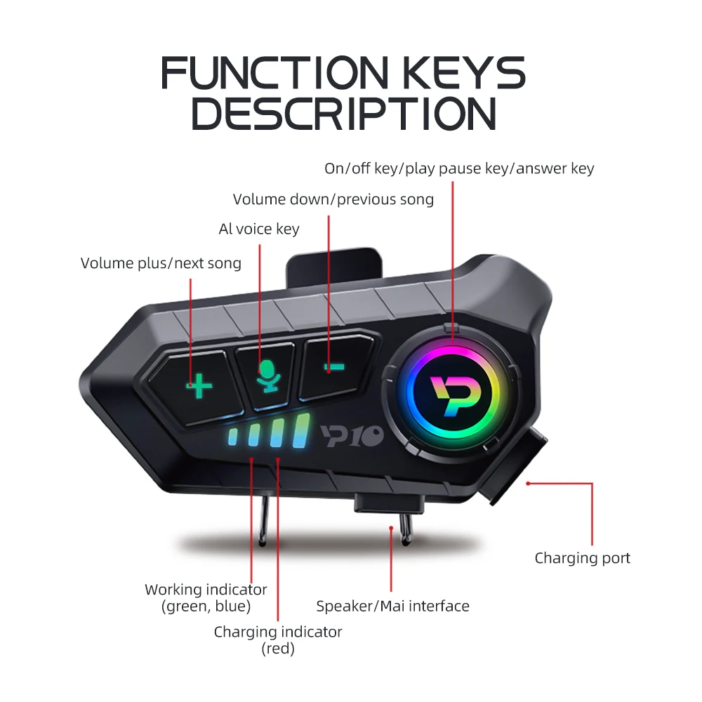 Kebidumei Y10 Motorcycle Helmet Bluetooth Headset 2000Mah Super Long Standby Wireless Hands-free Waterproof Motorbike Earphone