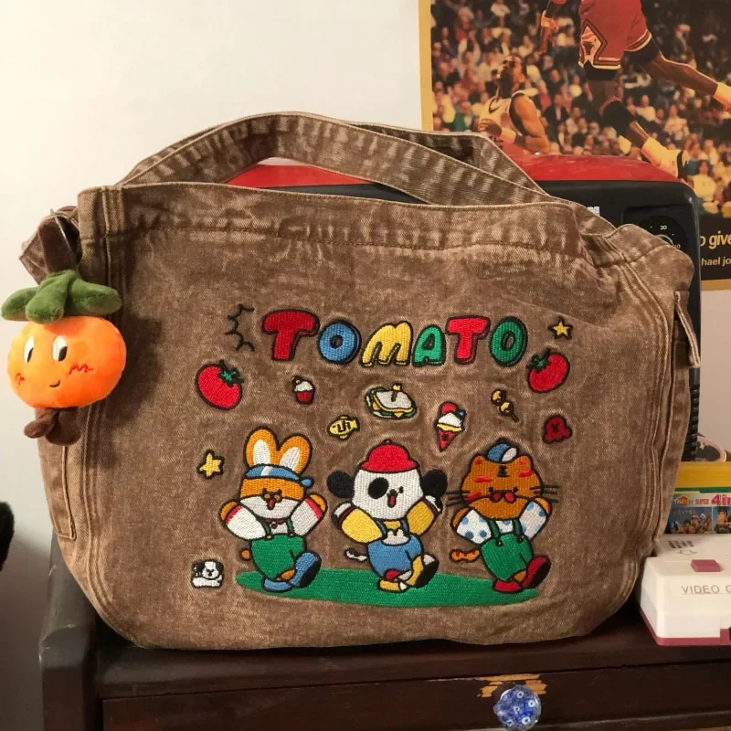 MBTI Vintage Cartoon Denim Tote Bags for Women Luxury Designer Kawaii Embroidery Shoulder Bag Large Capacity Messenger Bag New