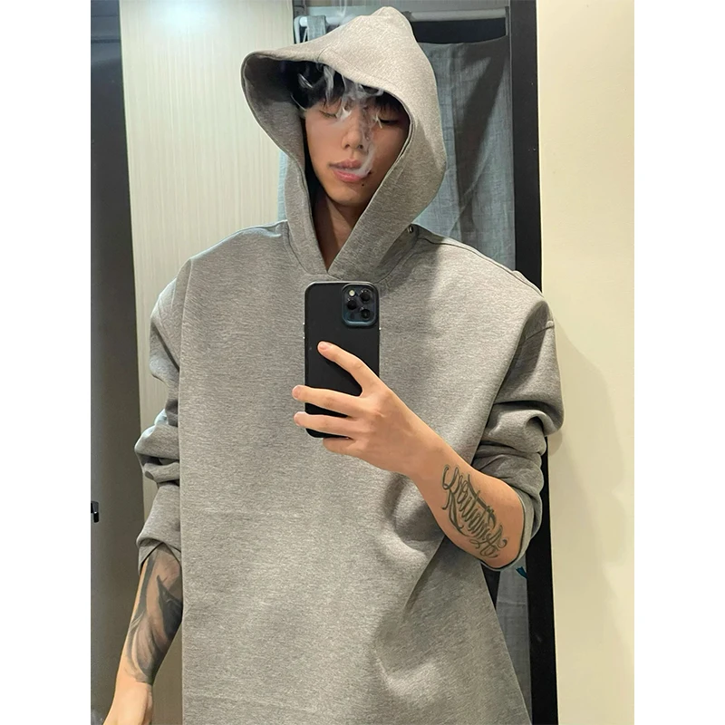 

600g Heavyweight oulder Padded Hoodie Men's Spring Autumn High Collar Fce Lined American Retro Stiffened Hooded Sweatirt