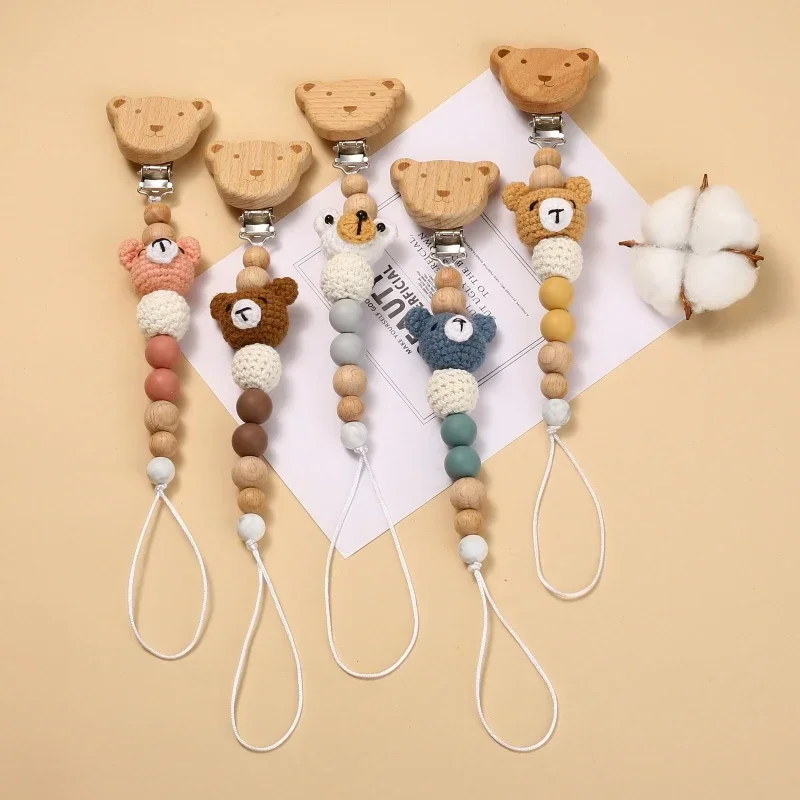 1Pcs Baby Wooden Pacifier Clip Wood Crochet Rabbit Teething Soother Chain For BPA Free Nursing Chew Toy Baby Bear  Holder Chain