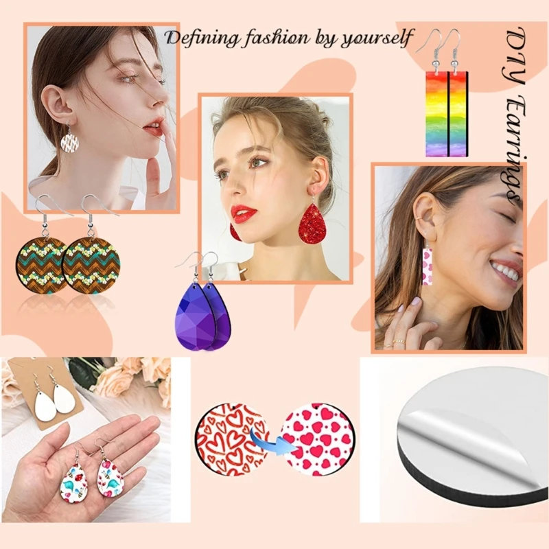 380Pcs Double-sided Sublimation Earring Blanks Kits DIY Round/Rectangle/Water Drop Heat Transfer Earring Pendant with Ear Hooks