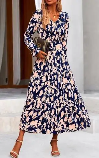 

Bohemian Casual Long-Sleeved V-Neck Printed Dress for Women: Effortless Wanderlust Style