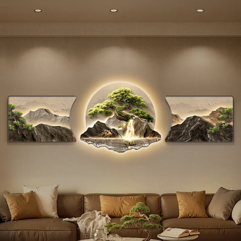 New Chinese Style Welcoming Pine Decoration Mural Lamp Sofa Living Room Background Wall Hanging