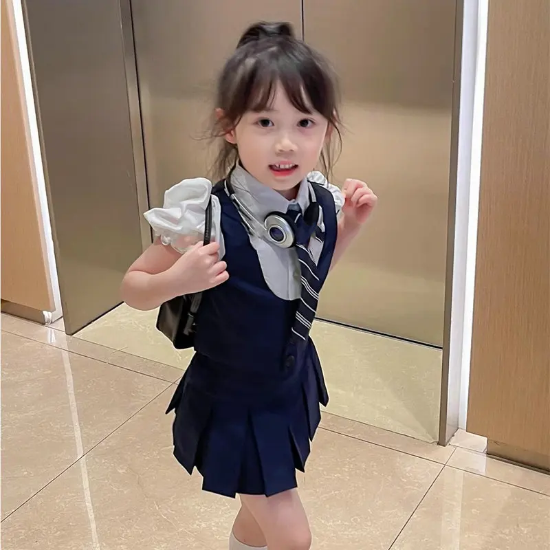 Children\'s Clothing Set Girls Academy Fake Two piece Short sleeved Top+Tie+Pleated Skirt 3Pcs 2024 Summer New School Uniform