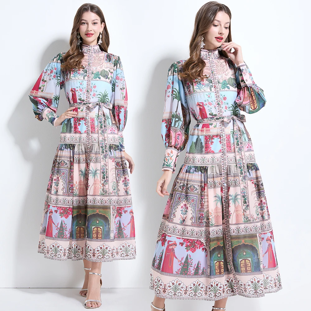 

Оригинальный дизайн 2025 Court Sle с ретро-принтом и воротником-стойкой, фонарь Све, шифоновая юбка с подолом, ремень Dr, весна-осень, полиэстер