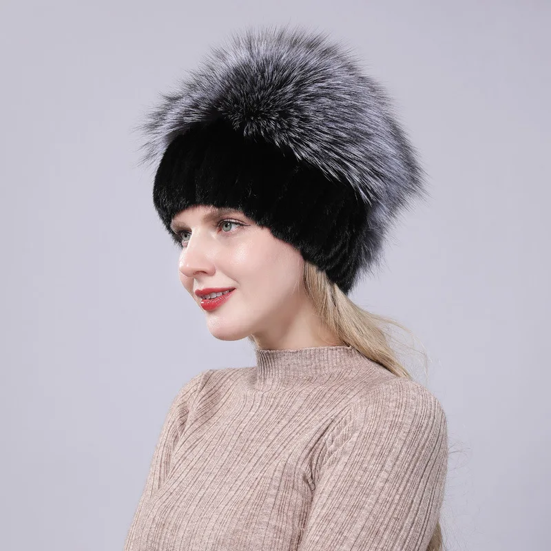 Luxury Womens Winter Knitted 100% Real Sable Fur hat Fur Beanie Russian Mink Fur Cap With Fox Fur Pom Poms Female Warm Thick