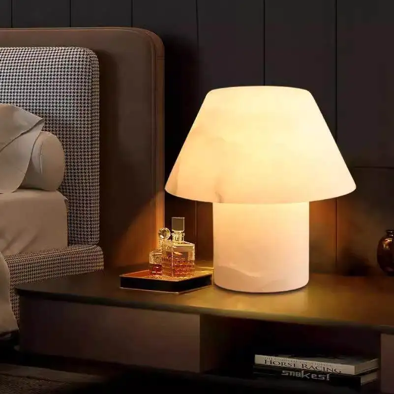 European French Light Luxury Natural Marble Modern Simple LED Table Lamp Dome Cloth Material Dimmable E26/E27 for Bedroom Study