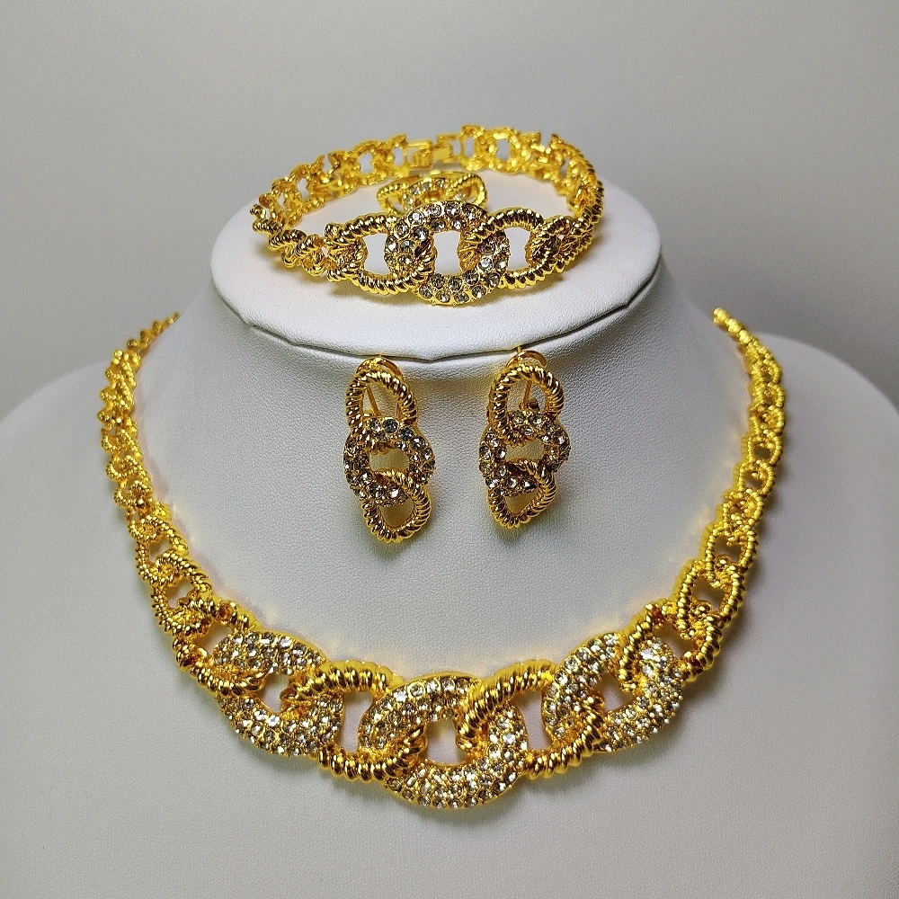 ESALE Dubai 24K Gold Plated Jewelry Set Italy Style Ladies Necklace Women Bracelet Earrings African Wedding Jewelry TZ002