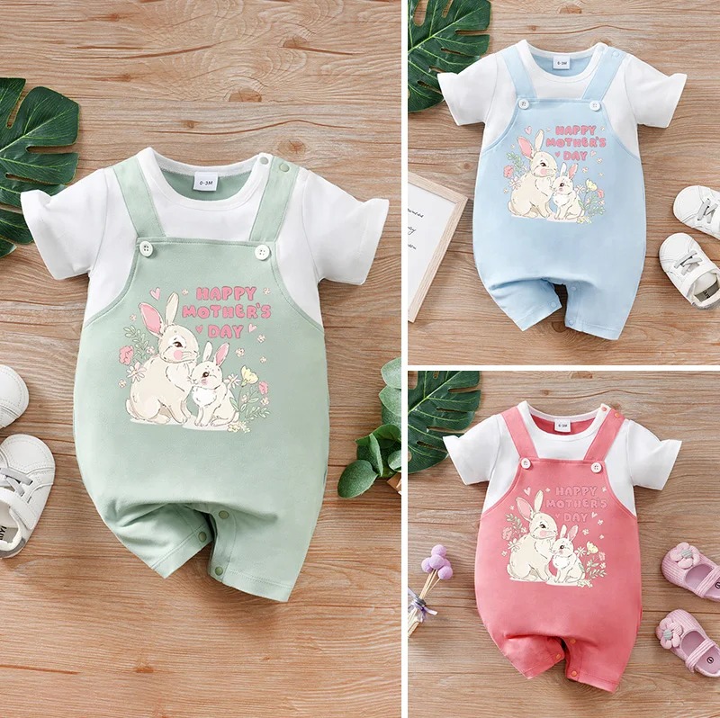 

3-color newborn baby summer fake two-piece mother's day bunny baby print short-sleeved round-neck jumpsuit
