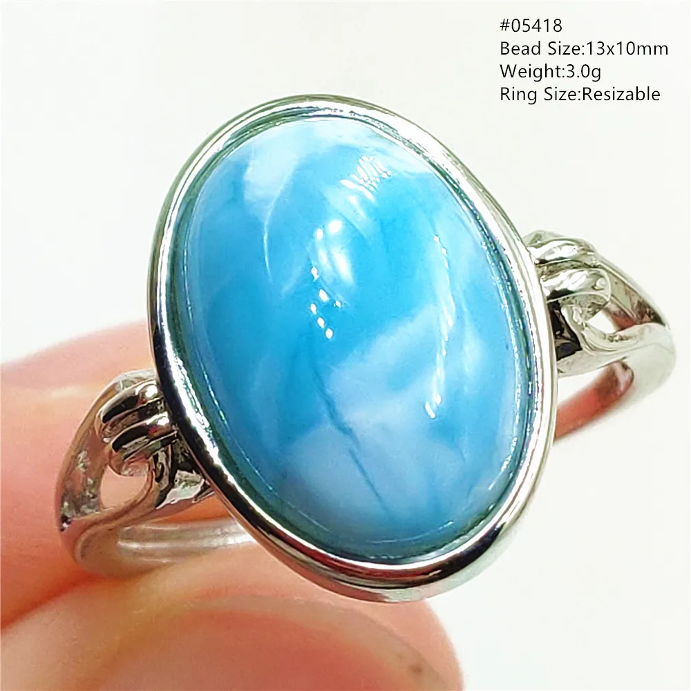 Natural Blue Larimar Oval Adjustable Ring Jewelry Water Pattern Real Larimar For Women Men Healing Fashion Stone AAAAAA