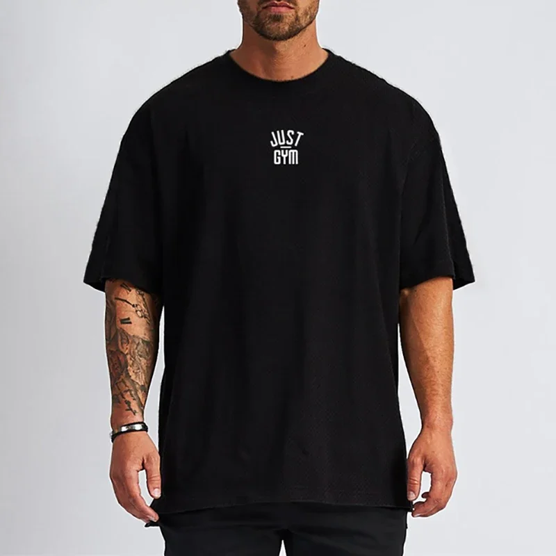 Oversized T shirt Men Loose Drop Shoulders Gym Clothing Bodybuilding Fitness Streetwear Hip-Hop T-shirt Quick Dry Mesh Sport Tee