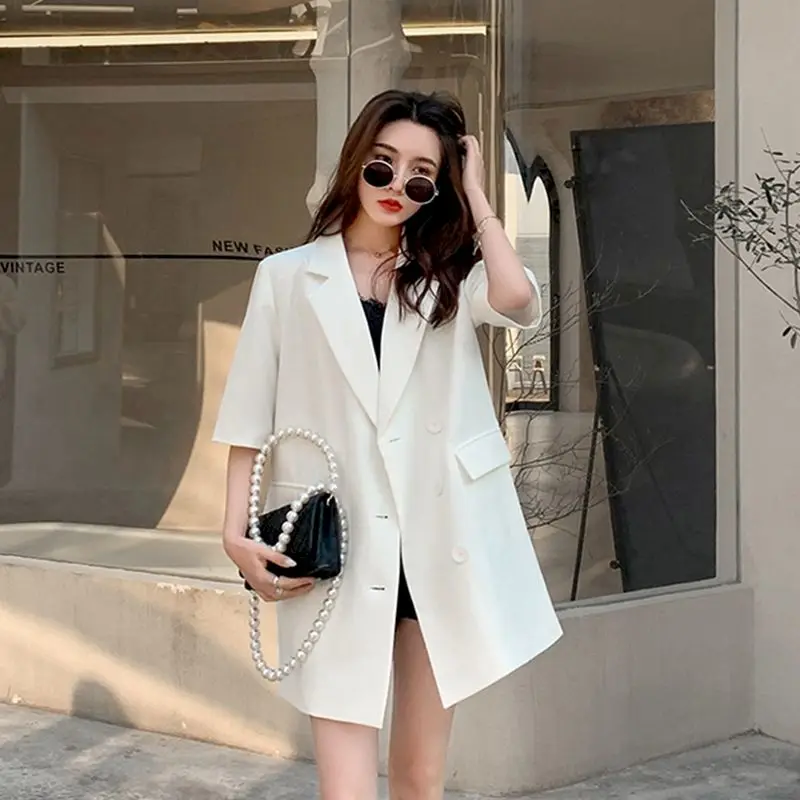 Oversized Blazer Women Mid-length Short Sleeve Suit Jacket Summer Trend Loose Thin Coats Casual  Blazers Fashion Design Jackets