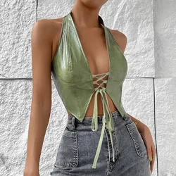 Sexy Cardigan Halter Strap Pu Leather Bustier Tank Tops Summer Chic Sleeveless Corset Top Women's Lingerie Vest Streetwear Camis