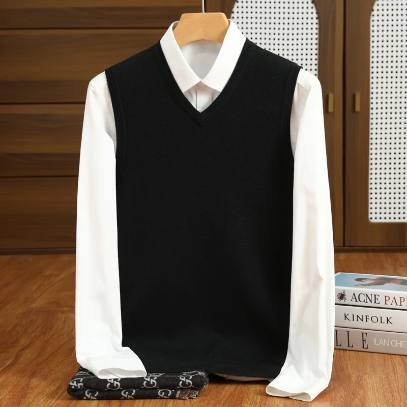 2025 New Men's knitted Business Vest Australia Pure Wool Pullover Sweater Casual High-quality Solid Color V-Neck Loose Tops