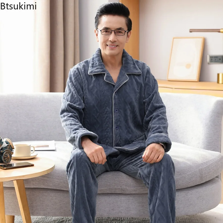 Autumn Winter Long Sleeve Thicked Warm Flannel Pajama Sets for Men Cozy Coral Velvet Sleepwear 2 Pieces Man Lounge Homewear Suit