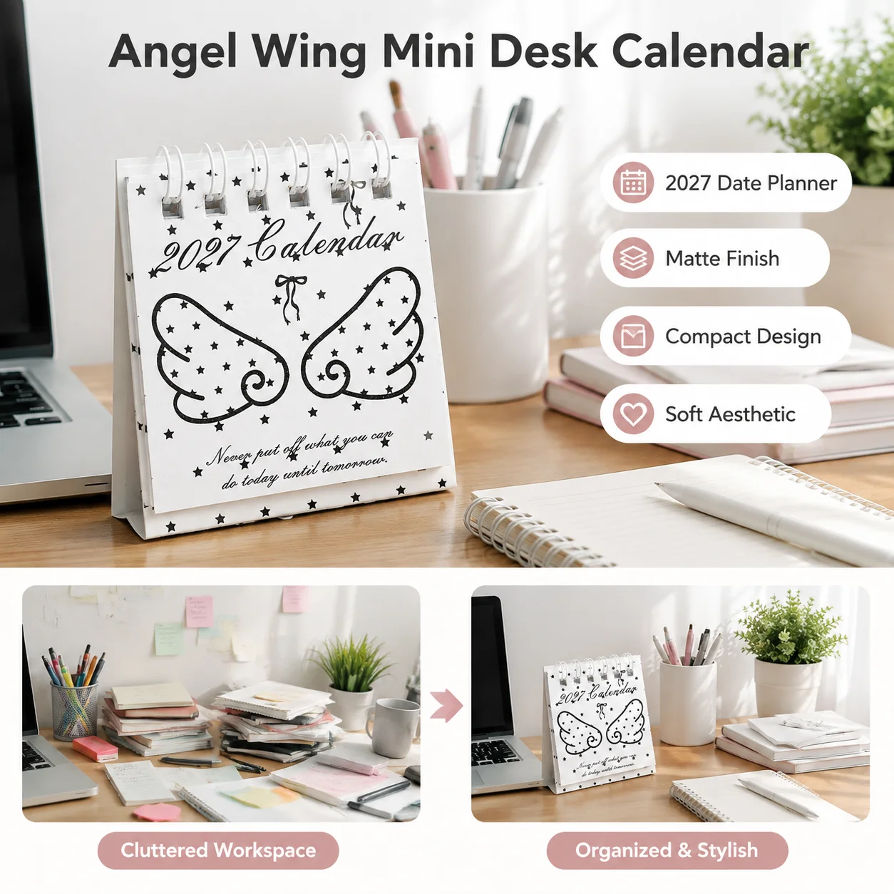 1pc Mini Desk Calendar Cute Angel Wing Design Specialty Paper Planner for Student Office Table Desktop Decoration Gift
