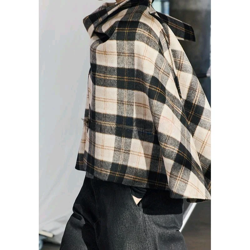 Spring New Asymmetric Hem Plaid High Collar Cowl Ne Coat Women's Loose Fit ort Outerwear Commute Sle Long Sve Polyester