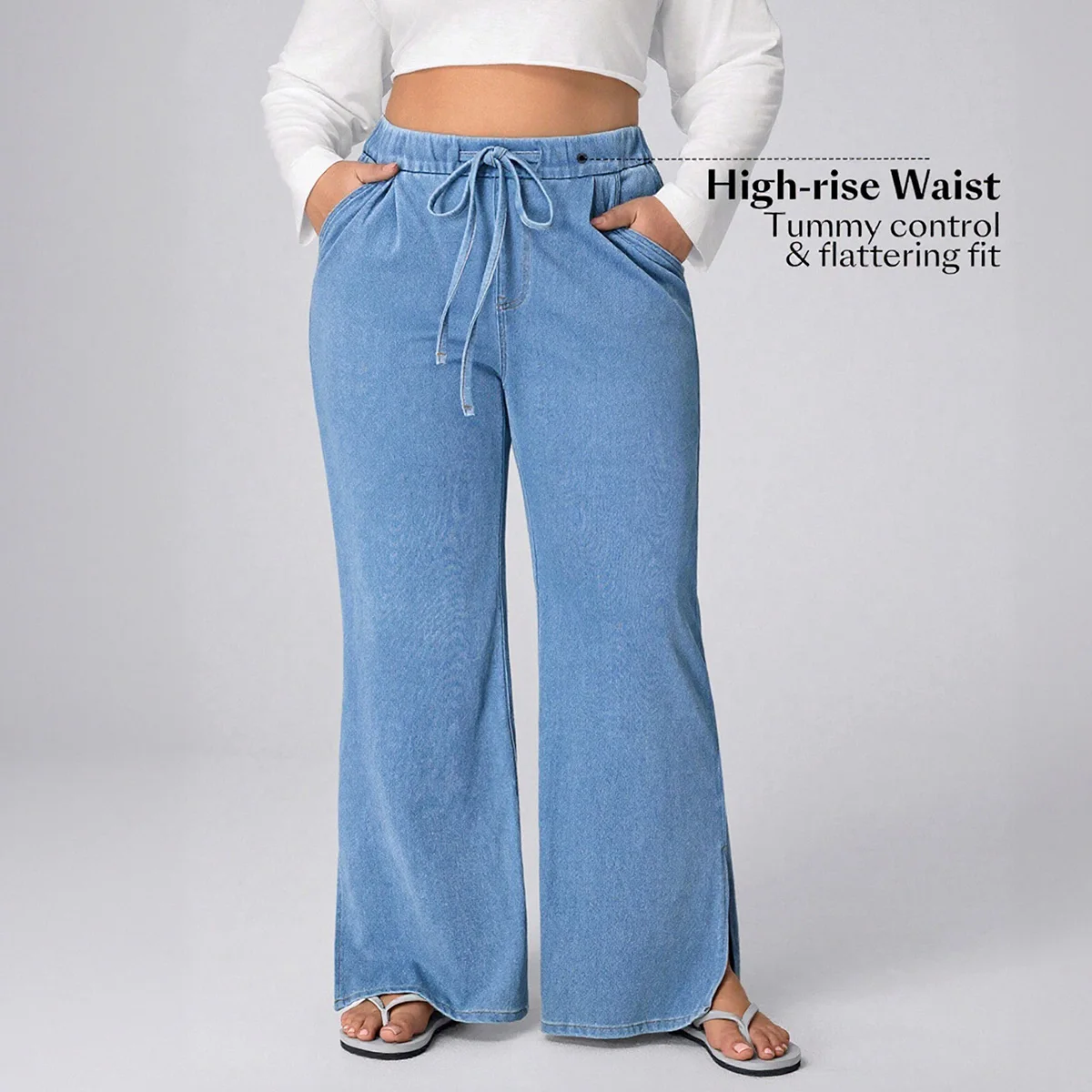 Dżinsy damskie plus size - casualowe, elastyczne, ze sznurkiem w pasie, z rozcięciem na dole dla wygodnego noszenia na co dzień.