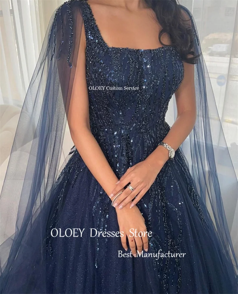 OLOEY gaun Prom panjang Tule biru Navy Glitter gaun malam Arab Dubai leher persegi lengan panjang gaun pesta acara Formal