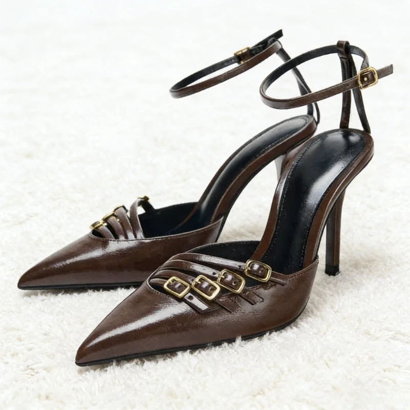 

Сексуальные дизайнерские туфли на каблуке с острым носком для женщин, модный дизайн с пряжкой на щиколотке, элегантные сандалии на тонком каблуке, удобные офисные туфли-лодочки