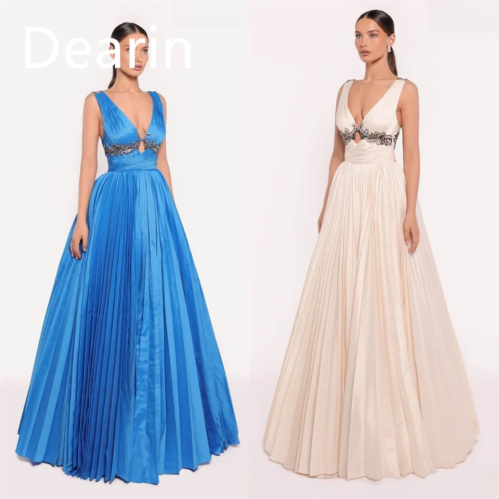 

Customized Women Evening Gown Prom Dearin V-neck A-line Floor Length Skirts Draped Sleeveless Bespoke Occasion Dresses Formal Dr