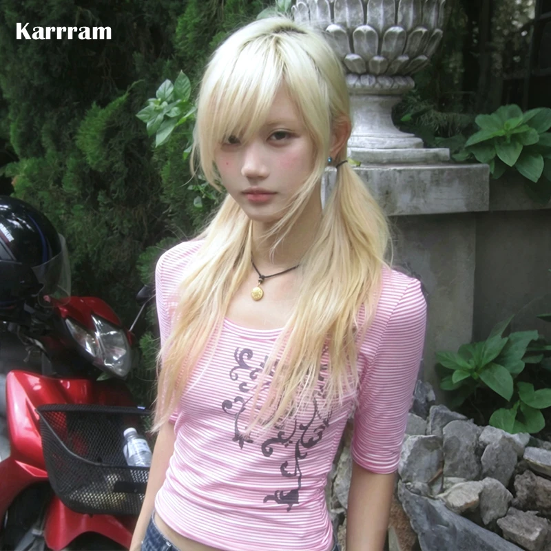 Karrram Japanese Y2k Pink Striped T-shirt 2000s Style Floral Print Half Sleeve Tops Vintage Harajuku Streetwear American Retro