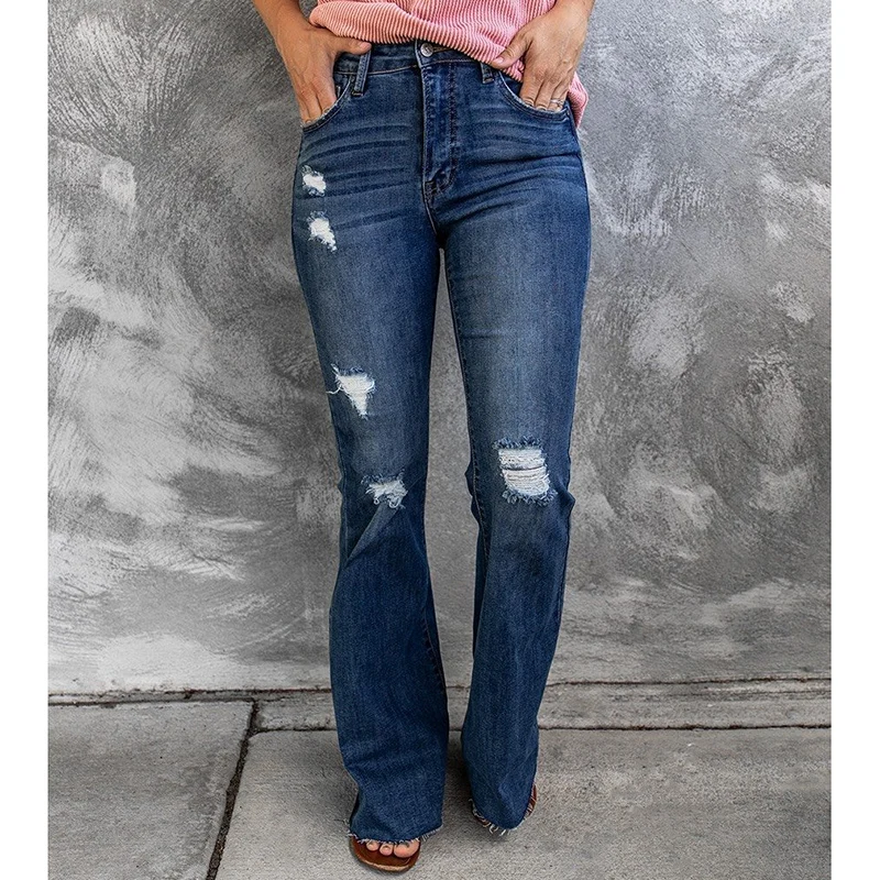 

Woman American High Waist Vintage Casual Flare Jeans Female Elastic Ripped Bell Bottom Pants Girls Fashion Blue Denim Trousers