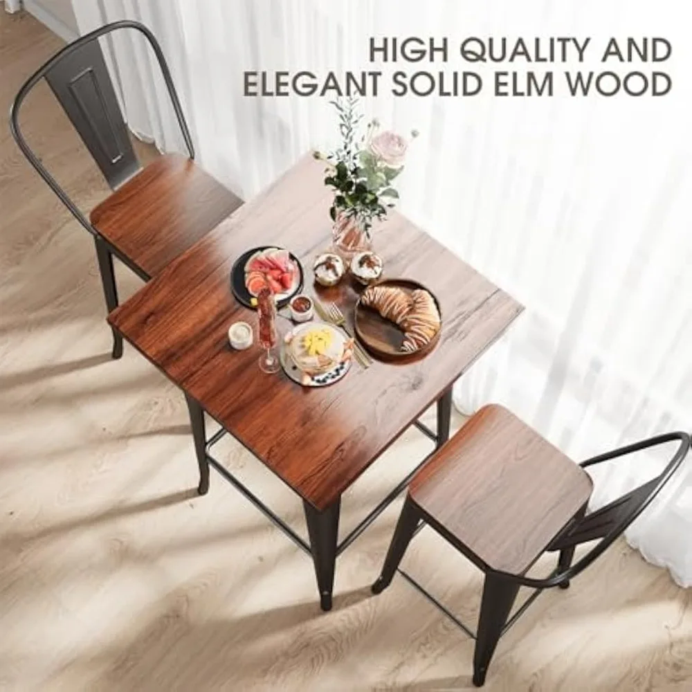 Conjunto de mesa e cadeiras bistrô de 2, conjunto de mesa e cadeiras de bar com tampo de olmo sólido e estrutura de metal, mesa e cadeiras de pub conjunto de 2 para