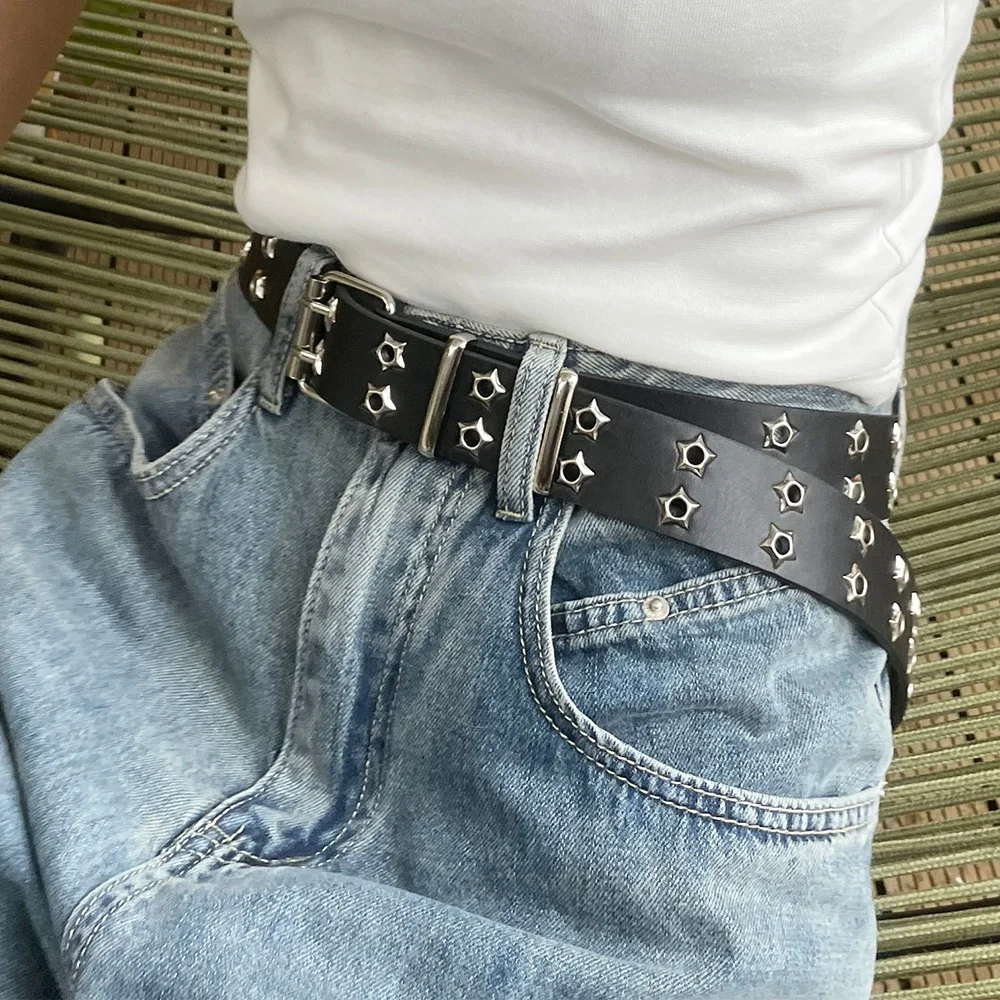 Y2K Punk Rivet Leather Belts Women Men Star PU Black White Waist Strap Double Row Hollow Trendy Waistband Jeans Skirt Decoration