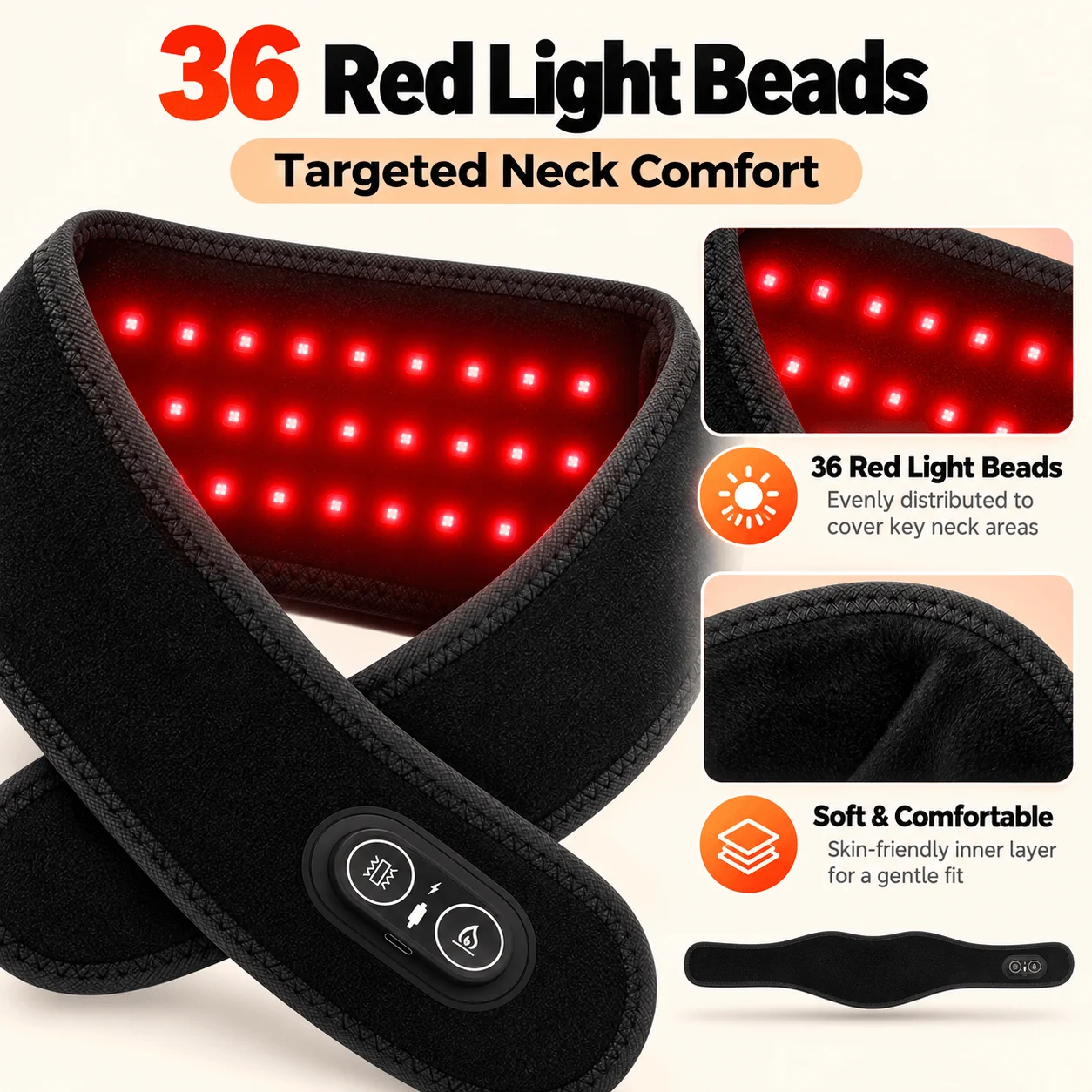 Red Light Therapy Neck Wrap Wireless Heating Pad with Vibration 36 LEDs 3000mAh Rechargeable Battery 3 Heat Levels for Home Use