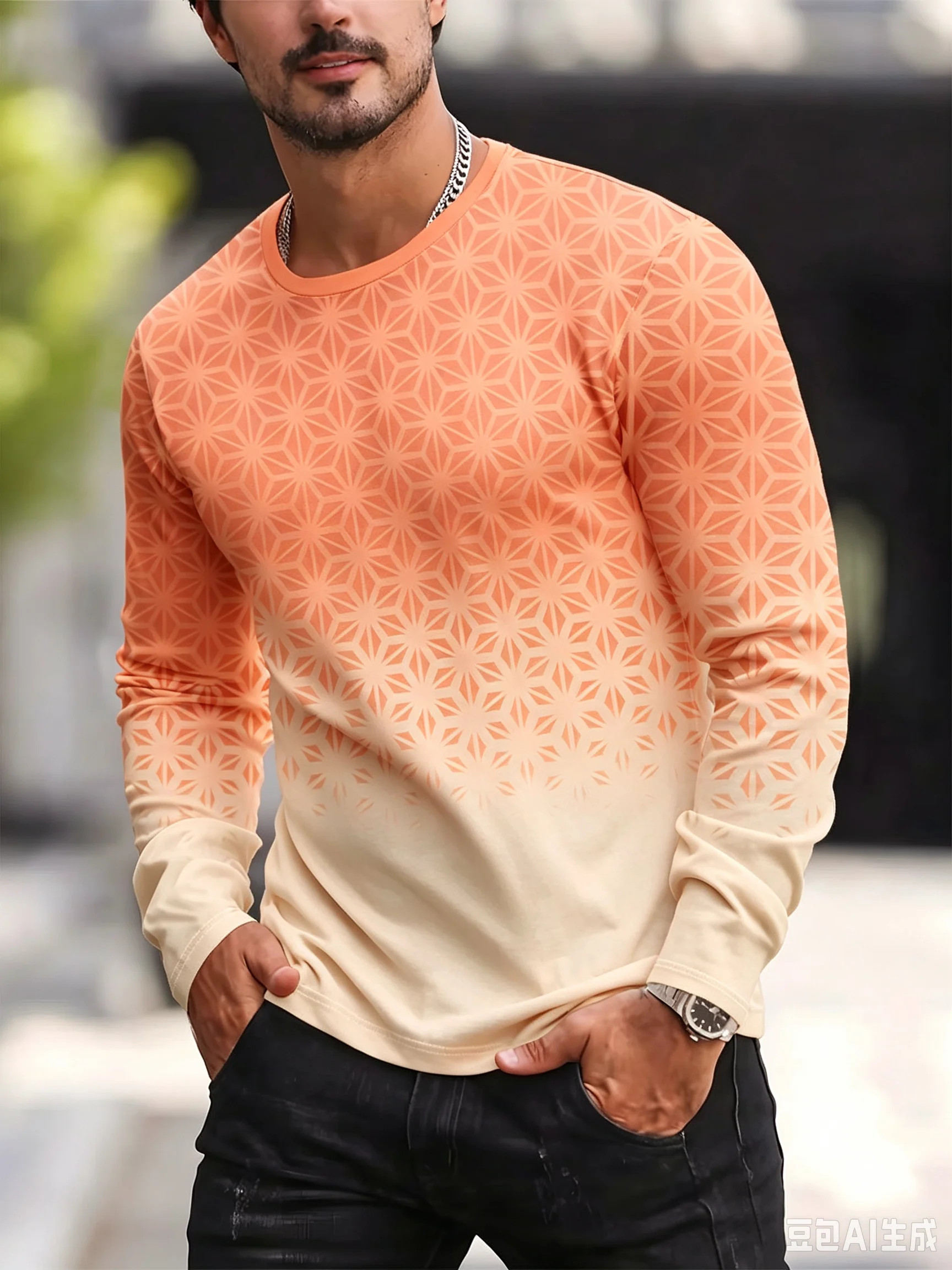 Men’s Long Sleeve Geometric Gradient Print T-Shirt Regular Fit Casual Crew Neck Shirt Autumn Daily Fashion Versatile Top