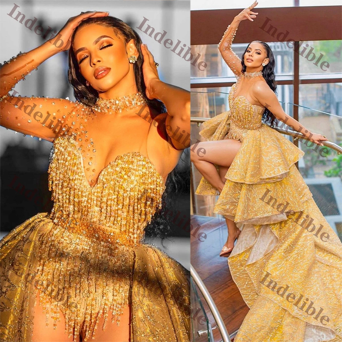 Luxurious Gold Tassels Wedding Dresses Sexy V-Neck Prom Gown Pleats Brush Train Vestidos De Novia Hand Sewn Beads Customized