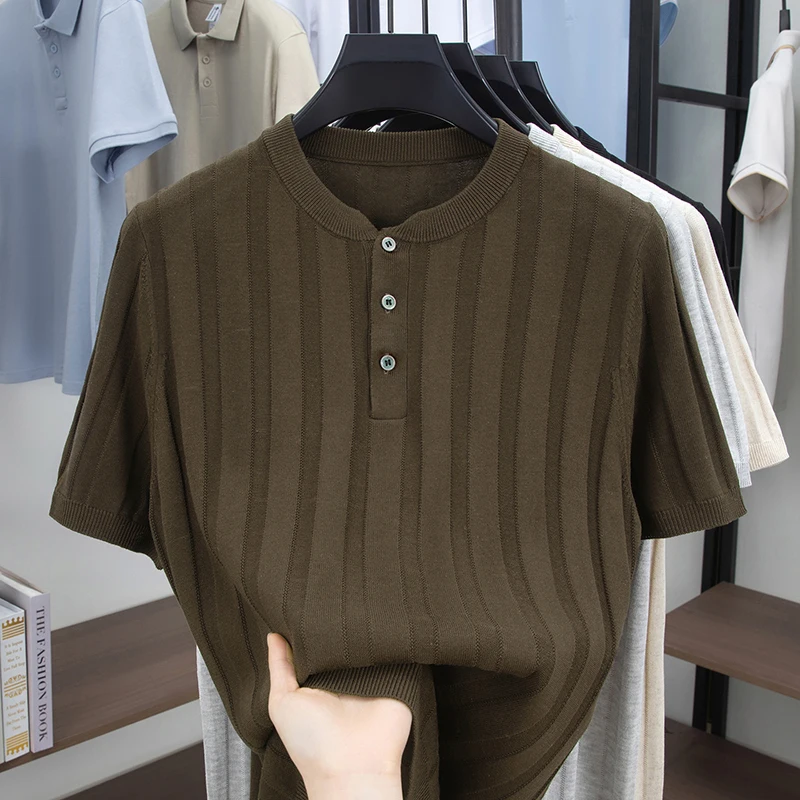 

New Trendy Henry Collar Breathable Tops 2026 Summer Men Lyocell Knitting Shirt Short Sleeve Knitwear Pullover Linen Knit T Shirt