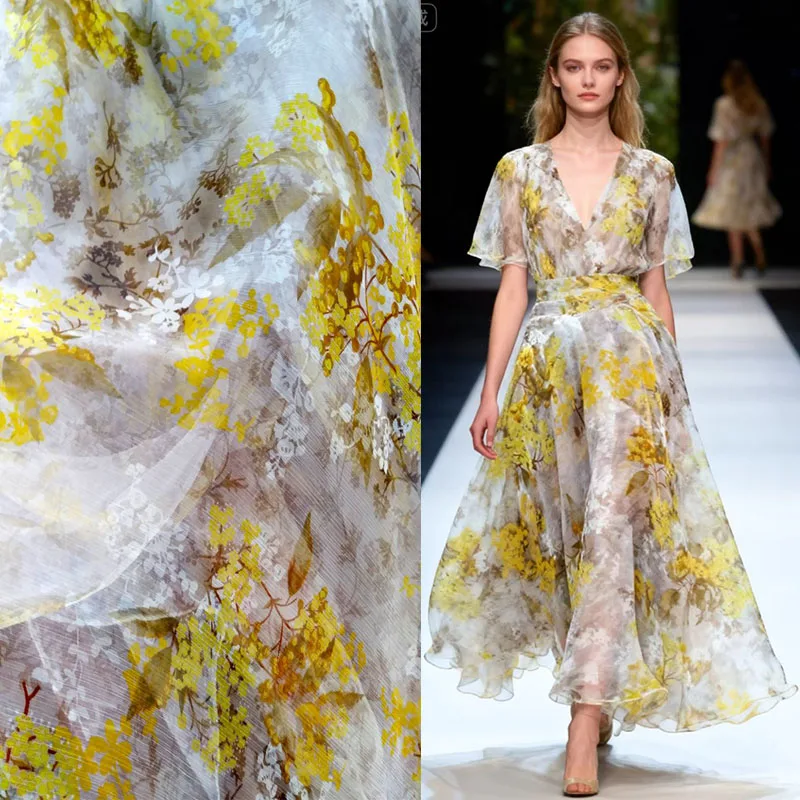

Gold Yellow Flowers Painting 138cm Wide Crinkled Real Mulberry Silk Chiffon Fabrics Georgette Tulle Fabric Prom Dress Turbans