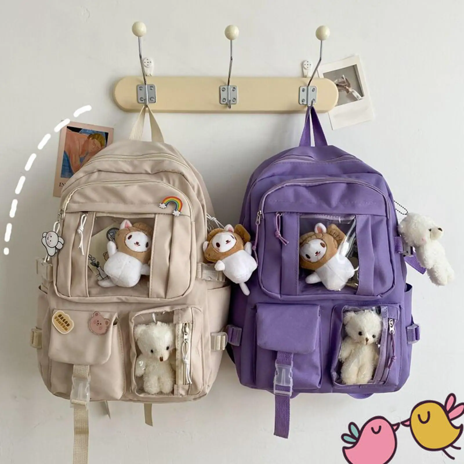 Mochila con correas ajustables para adolescentes, bolso escolar Kawaii con múltiples bolsillos, Harajuku