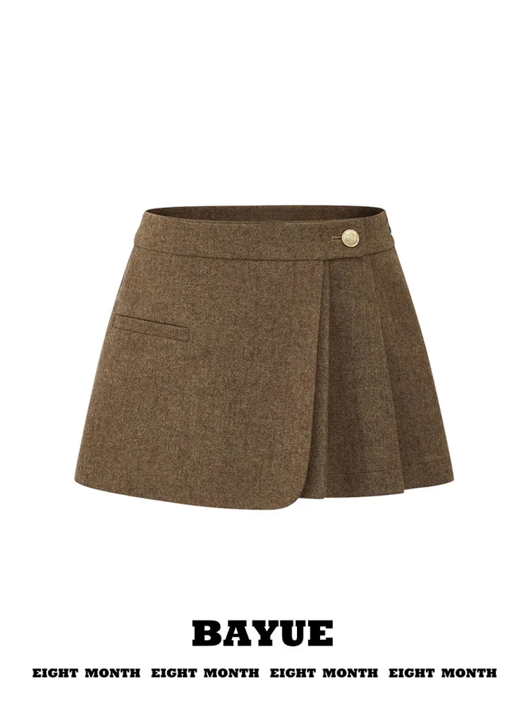 Gray Herringbone Woolen  Skirt High Waist Asymmetric Vintage Style Women's Autumn Winter British Style Pleated Short Skirt