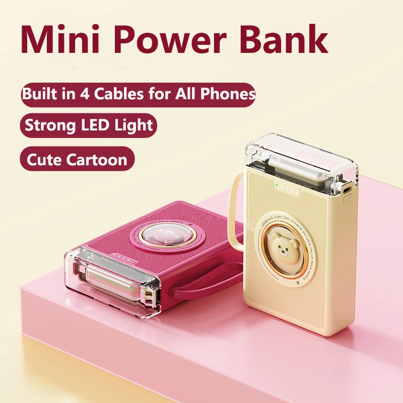 

20000mAh Mini Power Bank with 4 Cable Portable External Battery Charger for iPhone 15 14 Samsung S23 S22 Huawei Xiaomi Powerbank