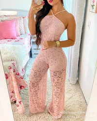 Jumpsuit Women 2024 Summer New Pink Lace Spliced Hanging Neck Sleeveless Casual Daily Sling Jumpsuit Y2K Streetwear