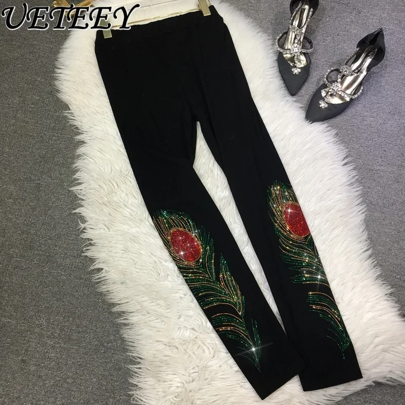 Heavy Embroidery Hot Drilling Leggings Women High Waist Slimming Black Leggings Stretch Tight Ankle-Length Pants Fitness Pants