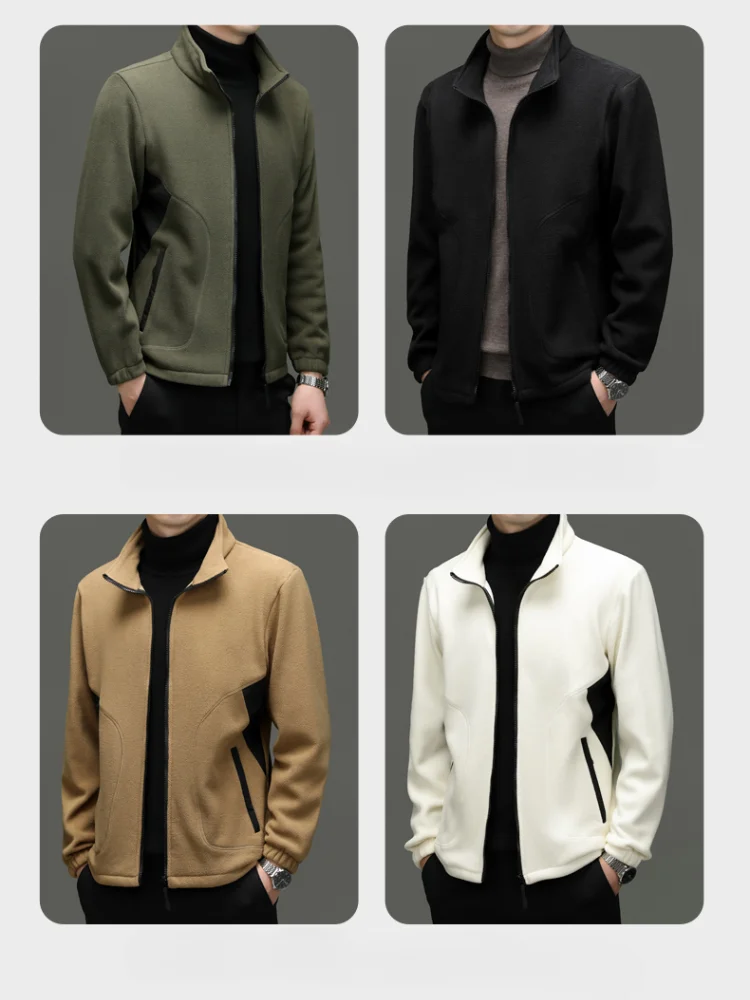 Autumn and Winter Daily Commuter Coat, Loose Zip Stand Collar Warm Jacket, Velvet Top, White Men\'s Casual Jacket