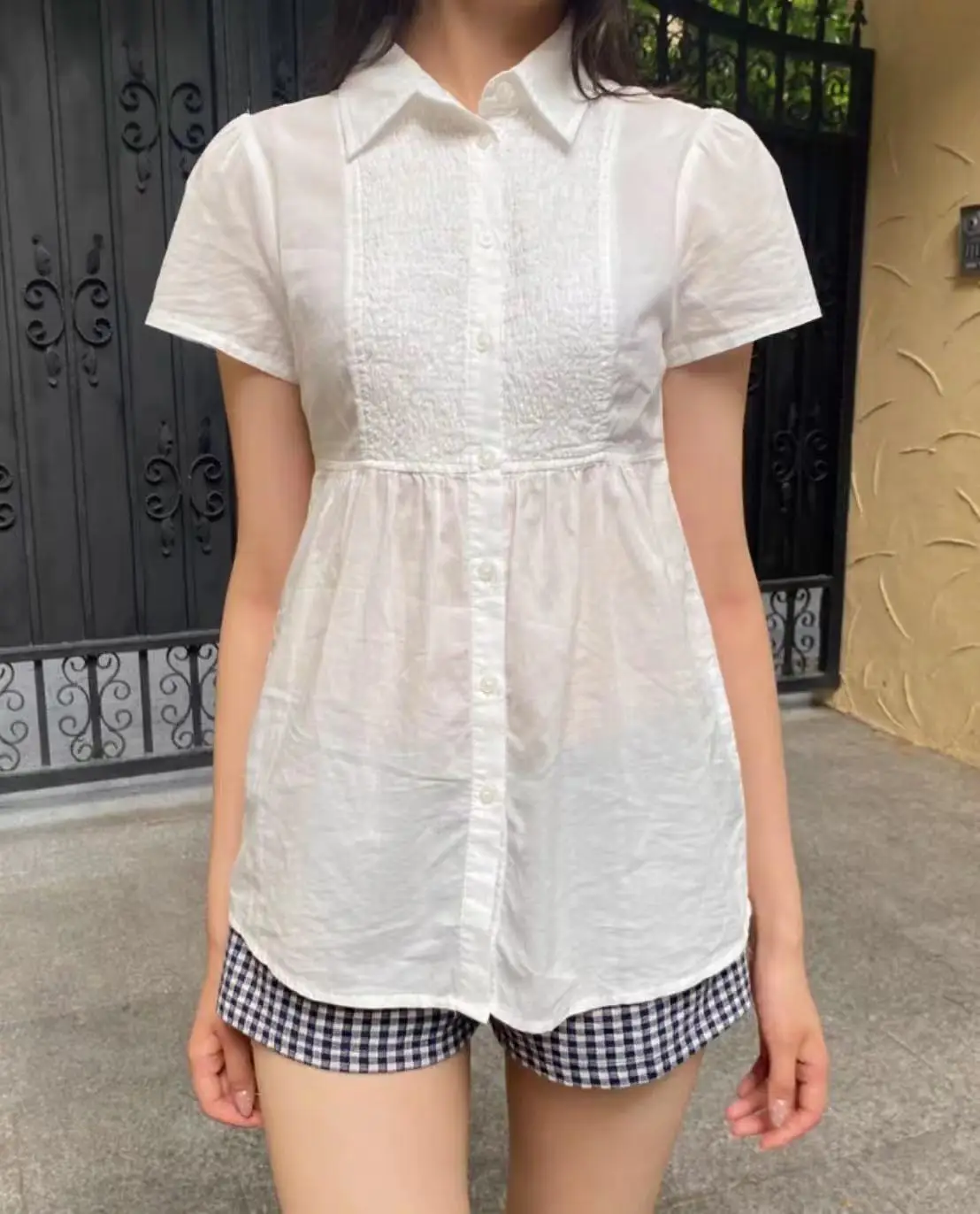

White Pleated Cinched Cotton Blouse Women Summer Turndown Collar Single Breasted Shirt Preppy Style Sweet Short Sleeve Blouses