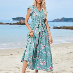 Summer New 2024 Women's Waist Tied V-neck Short Sleeved Dress Bohemian Vacation Beach Skirt Pullover Print Floral Cake Skirt