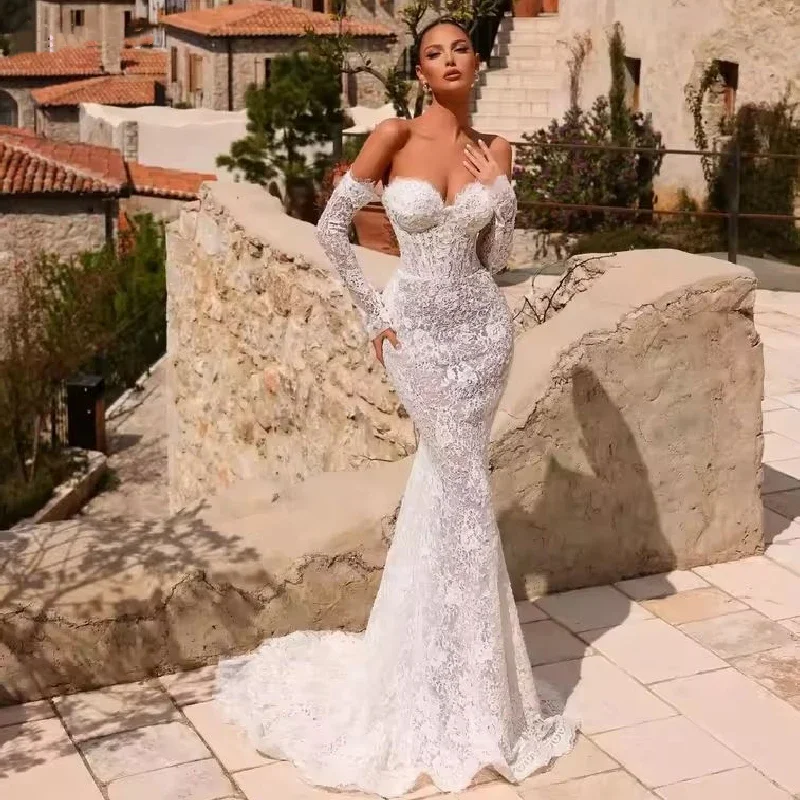 أنيقة الخامس الرقبة حورية البحر فستان الزفاف انفصال الذيل قبالة الكتف كم طويل الدانتيل فستان الزفاف فستان الزفاف الرومانسي مخصص