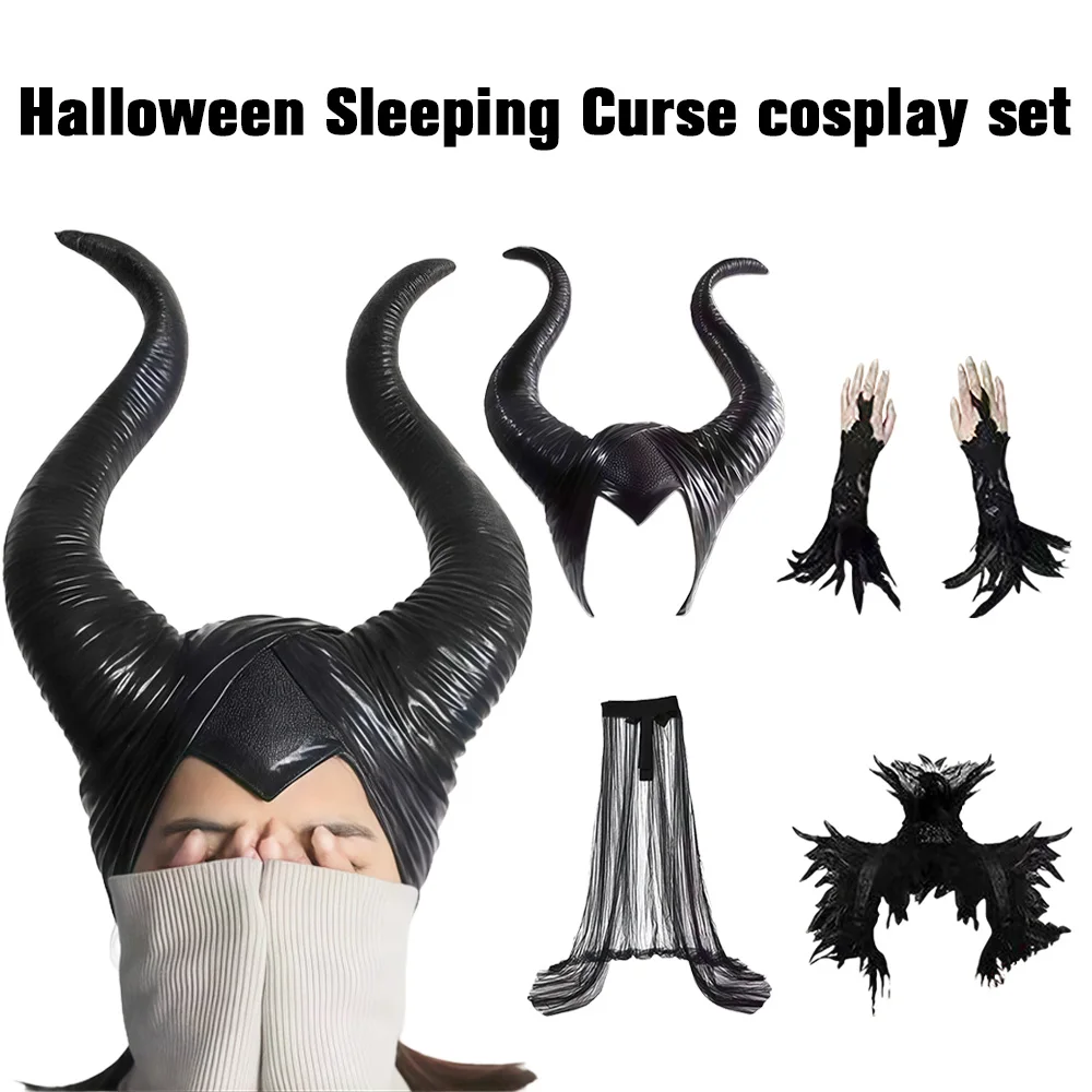 

Halloween Maleficent Cosplay Props Black Bullhorn Headgear Mask Black Evil Witch Cloak Women Gothic Cosplay Props for Girls