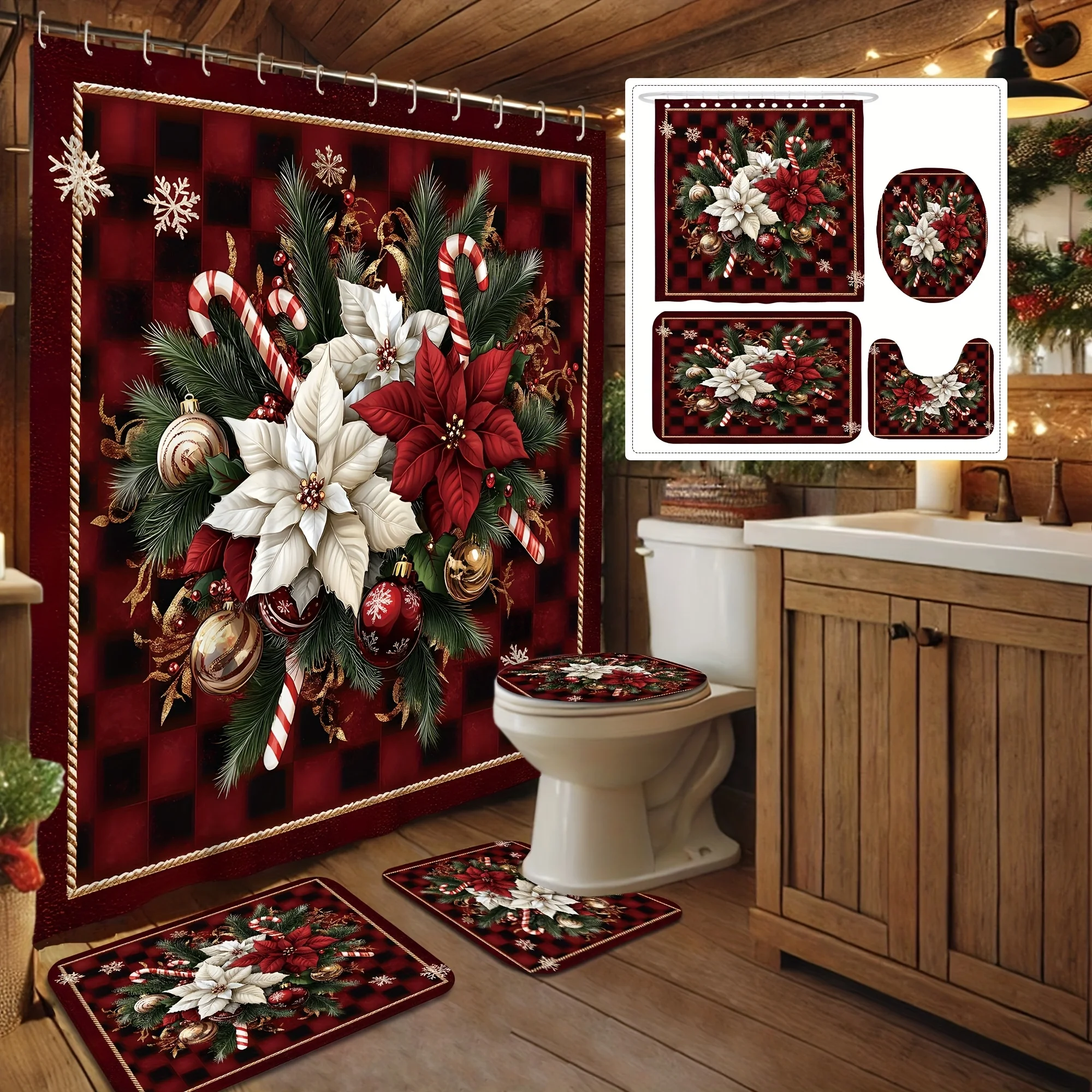 

Рождественский набор для ванной из 4 предметов, конфетная трость в клетку Poinsettia, красный фермерский дом, праздничный декор для ванны, 12 крючков, нескользящая U-образная крышка